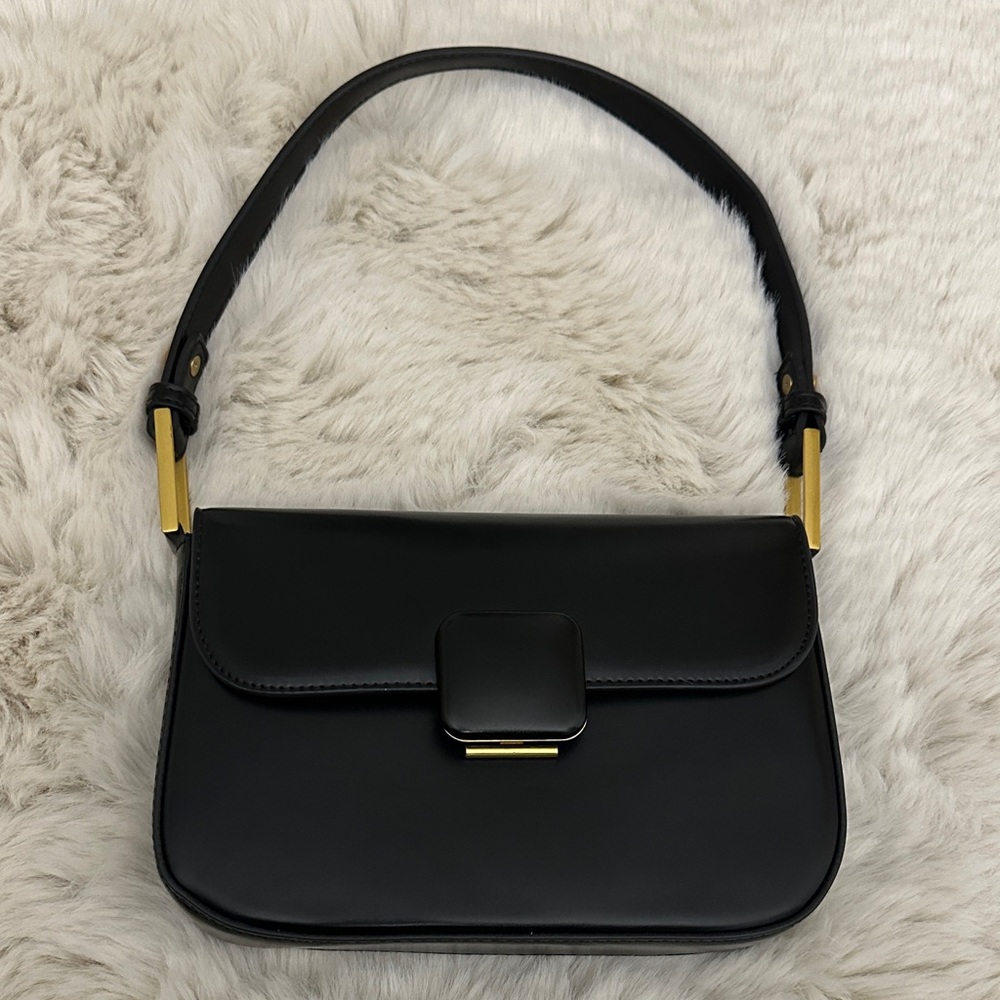 Black Faux Leather Shoulder Bag with gold colored hardware
